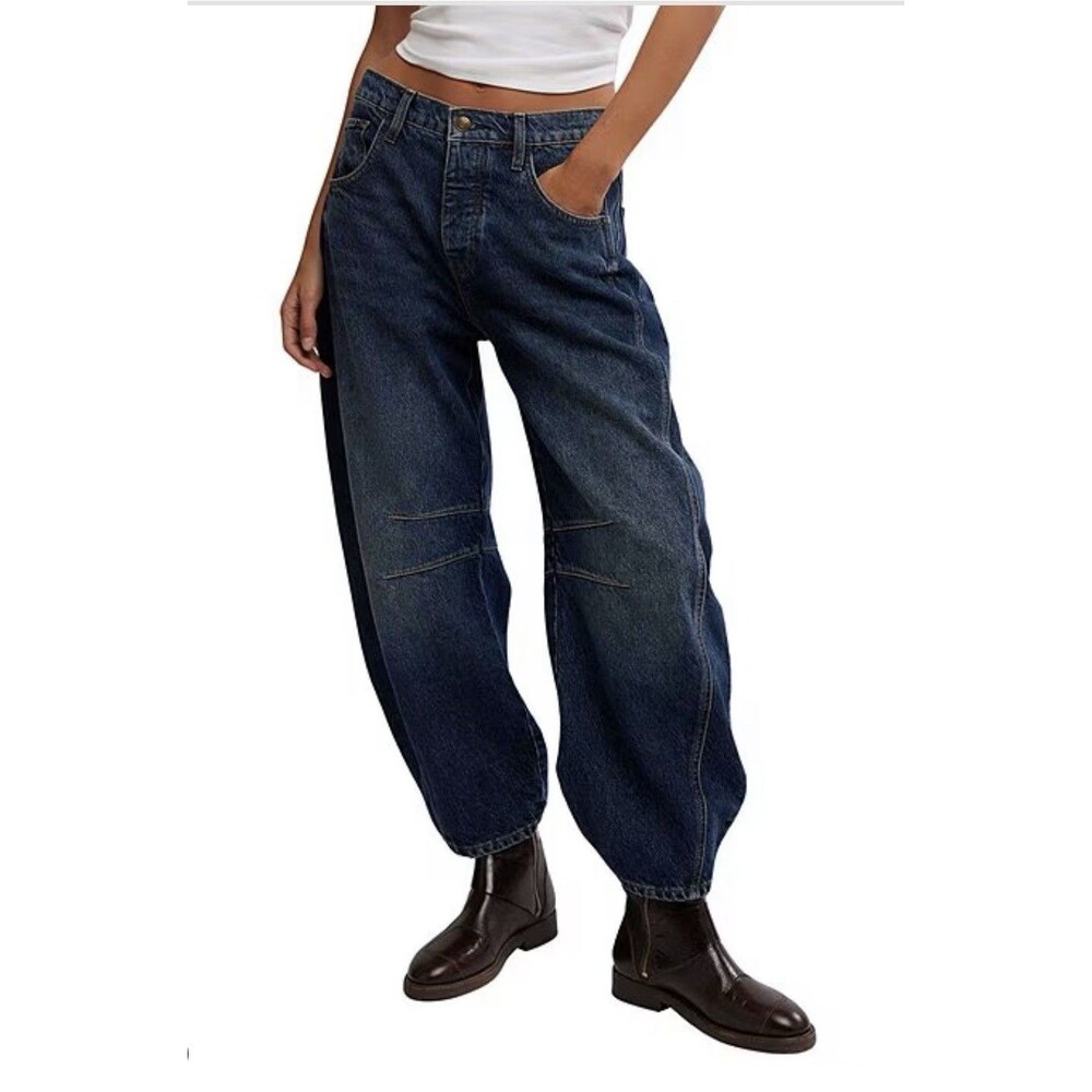 Free People We The Free Good Luck Mid Rise Barrel Jeans Women 29 Blue Wide Leg